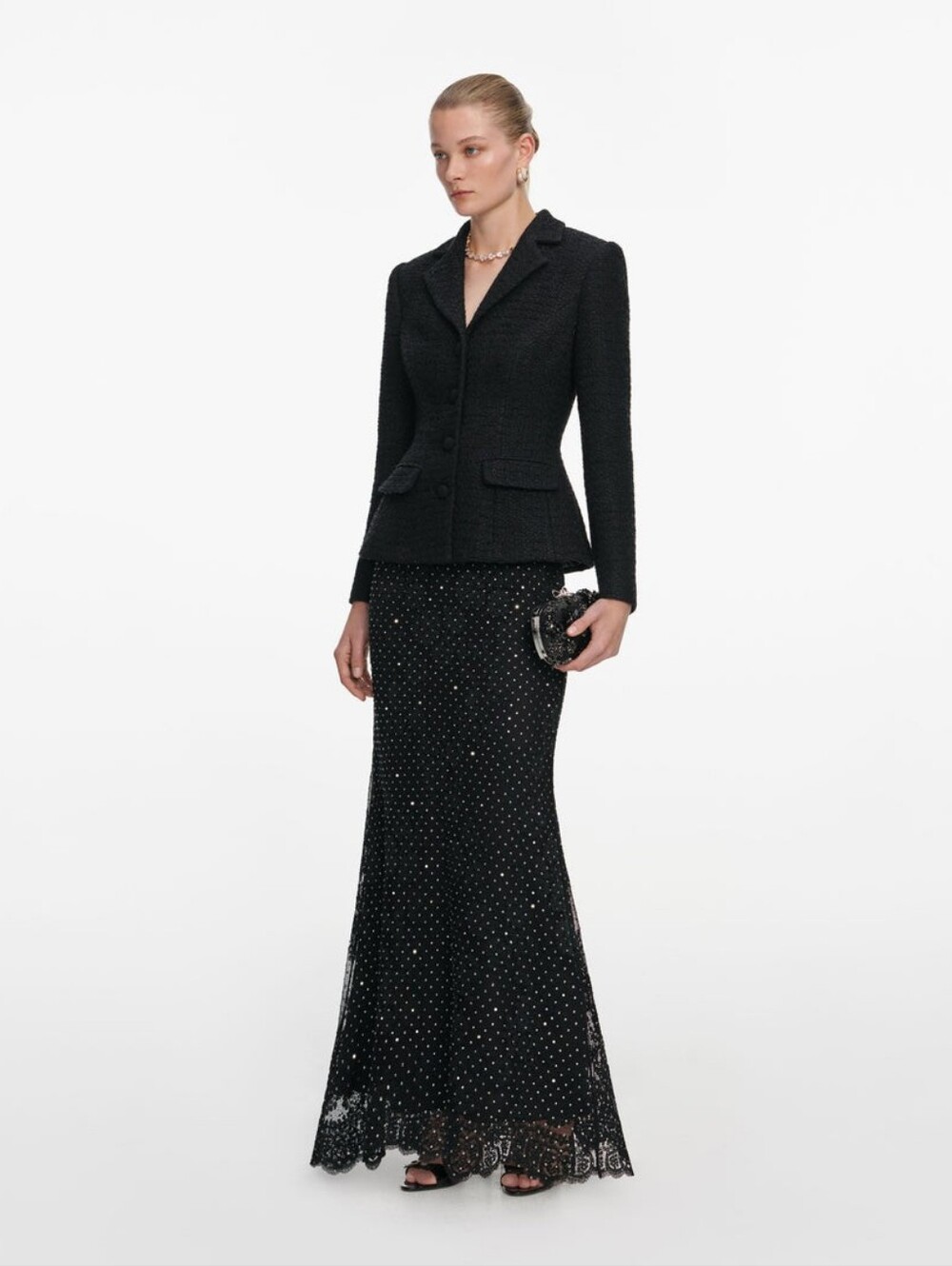Self Portrait Black Boucle Rhinestone Lace Maxi Dress - Picture 2 of 16